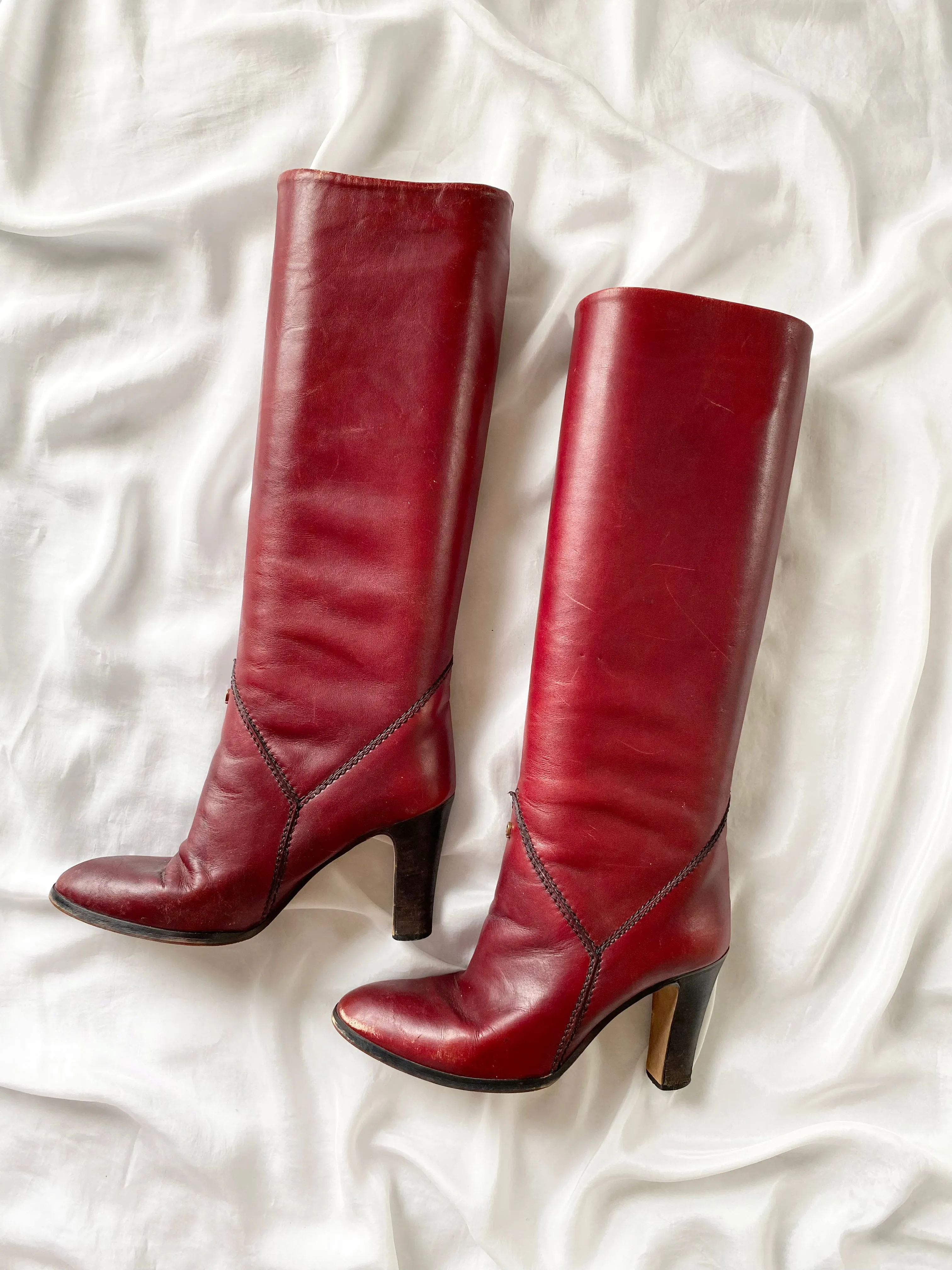 1970s Red Oxblood Italian Leather Heeled Riding Boots (7.5)