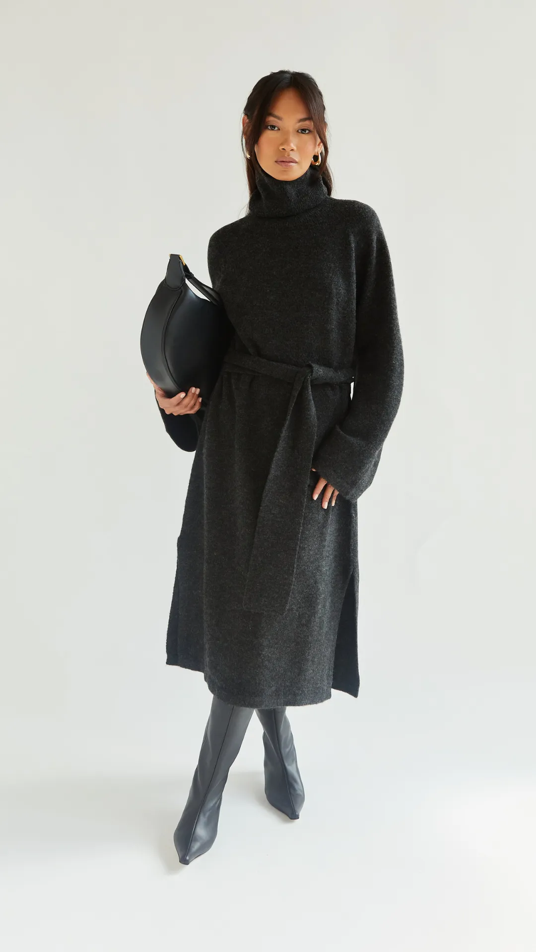 ABBIE KNITTED DRESS - BLACK MELANGE