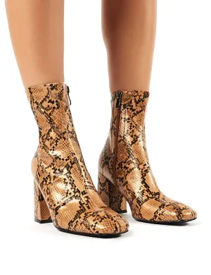 Addict Tan Snakeskin Sock Fit Block Heeled Ankle Boots