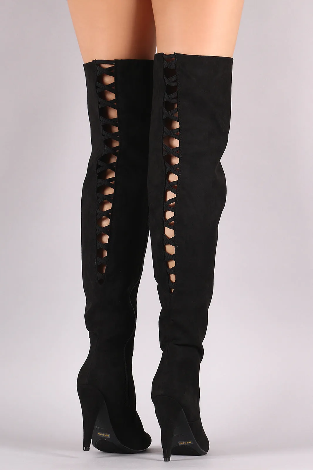 Anne Michelle Back Lattice Heeled Over-The-Knee Boots