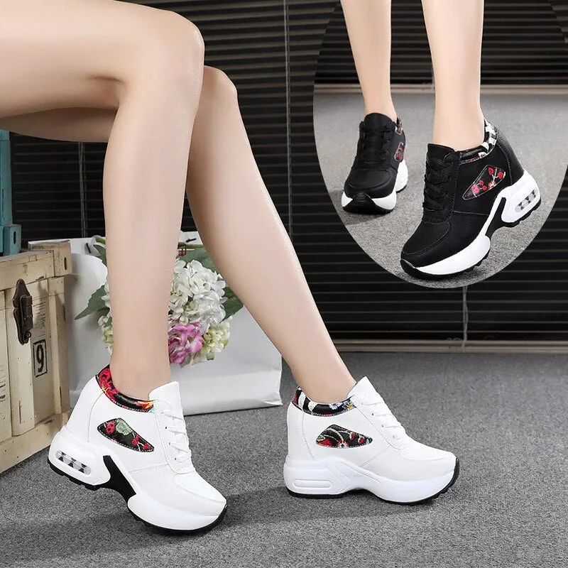 Ashore Shop Autumn Women Sneakers Mesh Casual Platform Trainers White Shoes 10CM Heels Wedges Breathable Woman Height Increasing Shoes