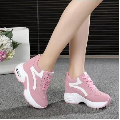 Ashore Shop Autumn Women Sneakers Mesh Casual Platform Trainers White Shoes 10CM Heels Wedges Breathable Woman Height Increasing Shoes