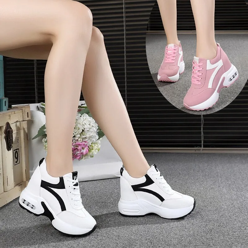 Ashore Shop Autumn Women Sneakers Mesh Casual Platform Trainers White Shoes 10CM Heels Wedges Breathable Woman Height Increasing Shoes