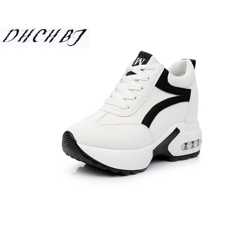 Ashore Shop Autumn Women Sneakers Mesh Casual Platform Trainers White Shoes 10CM Heels Wedges Breathable Woman Height Increasing Shoes