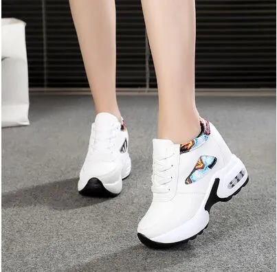 Ashore Shop Autumn Women Sneakers Mesh Casual Platform Trainers White Shoes 10CM Heels Wedges Breathable Woman Height Increasing Shoes