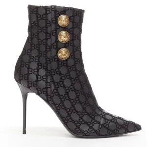 BALMAIN black BB monogram gold buttons high top stiletto boots EU38