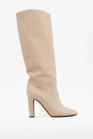 Beige Leather Knee High Heeled Boot