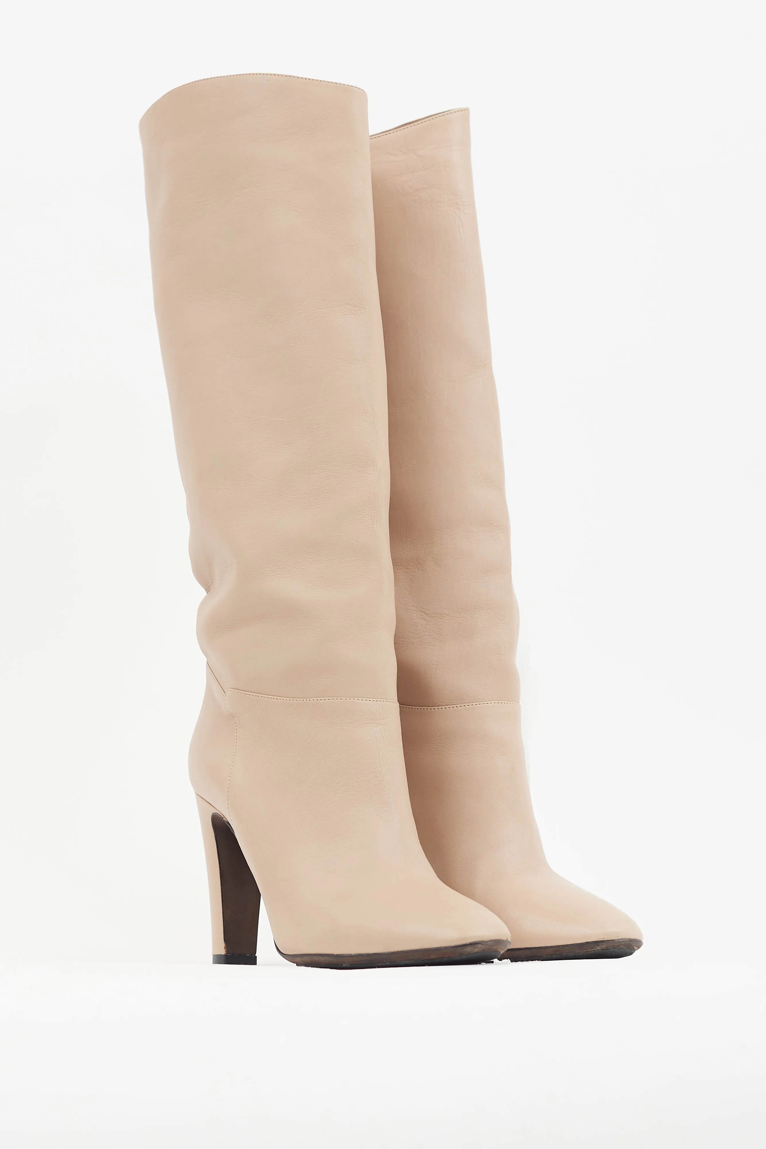 Beige Leather Knee High Heeled Boot