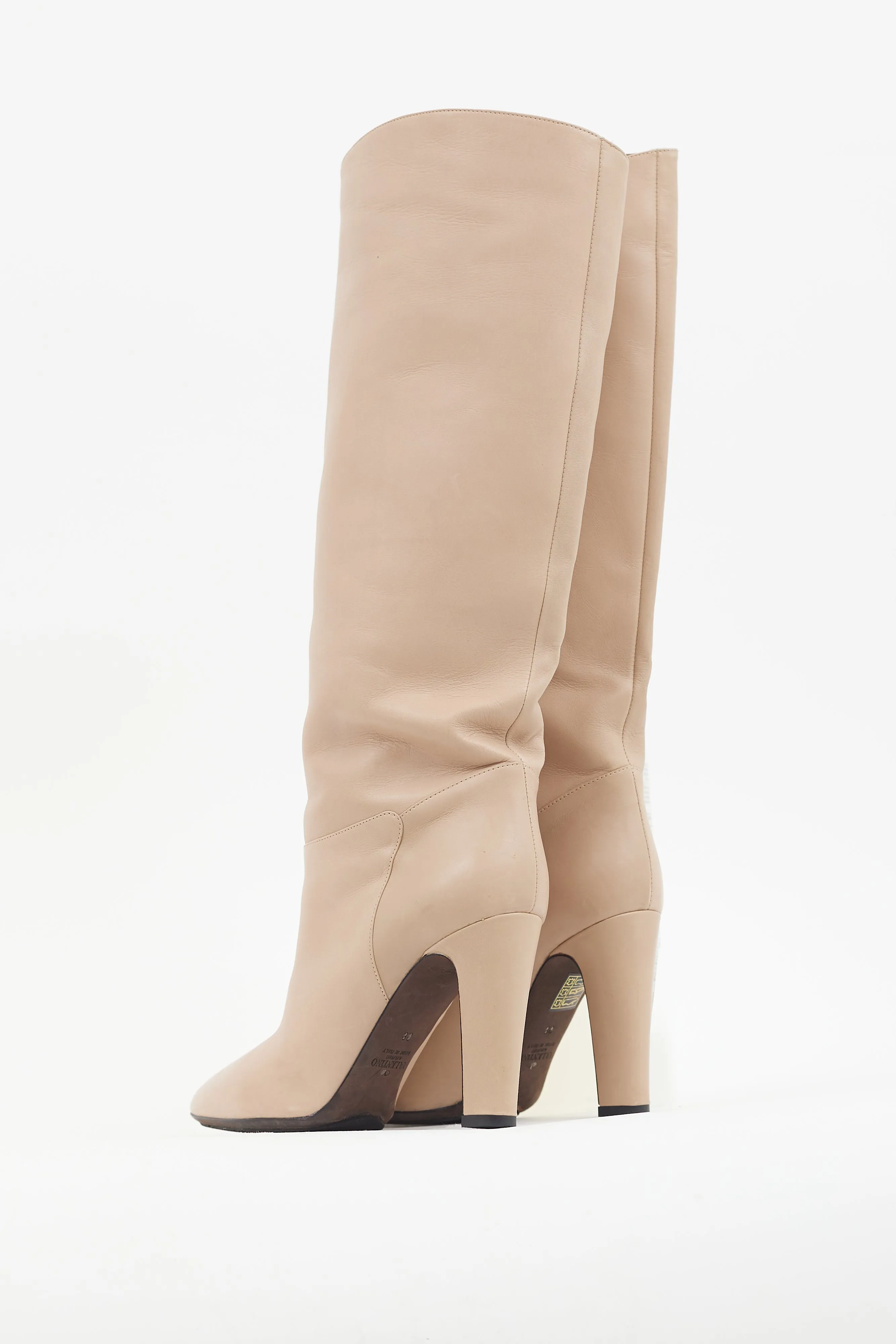 Beige Leather Knee High Heeled Boot
