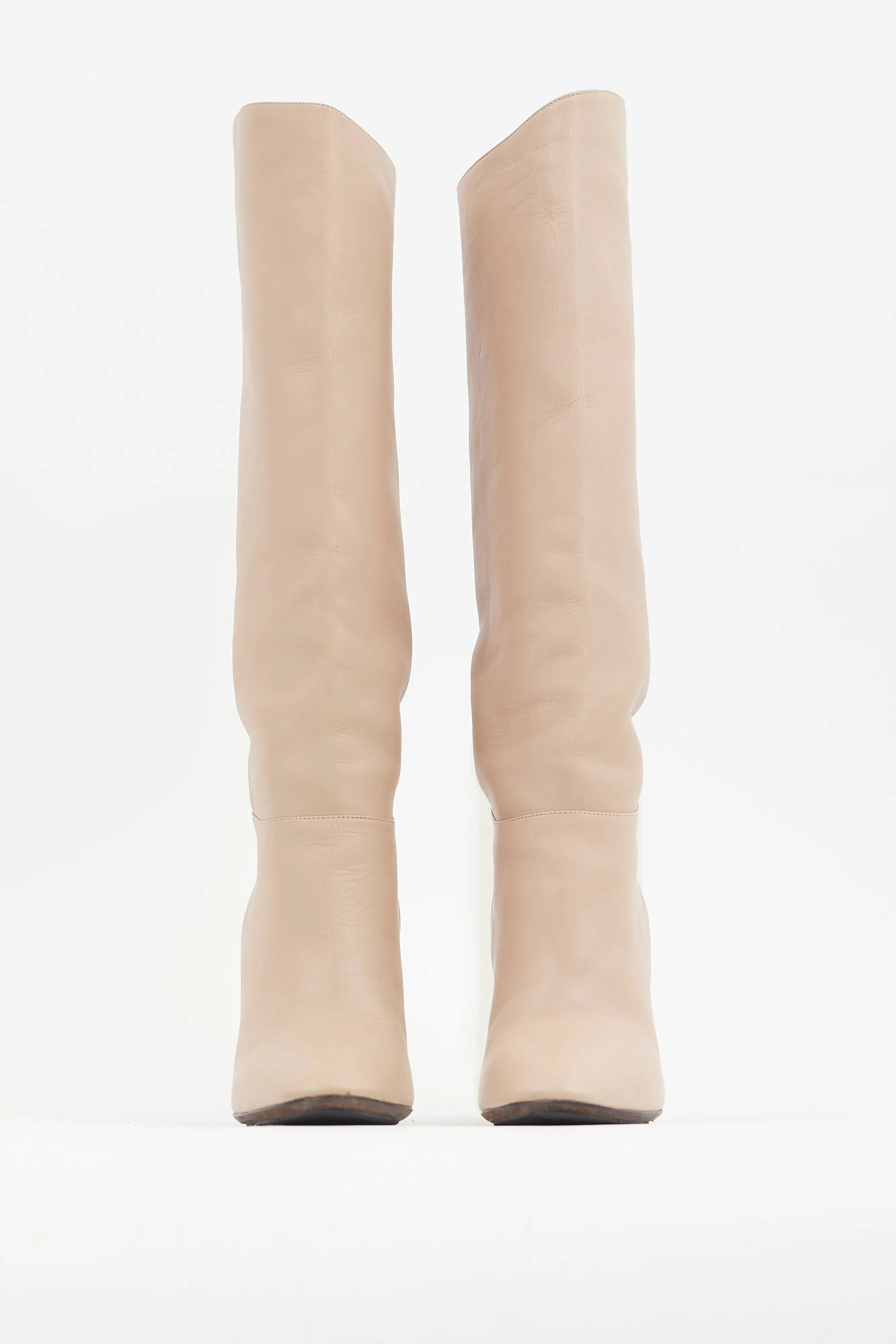 Beige Leather Knee High Heeled Boot