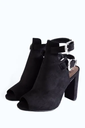 Black Buckle Open Toe Heeled Boots