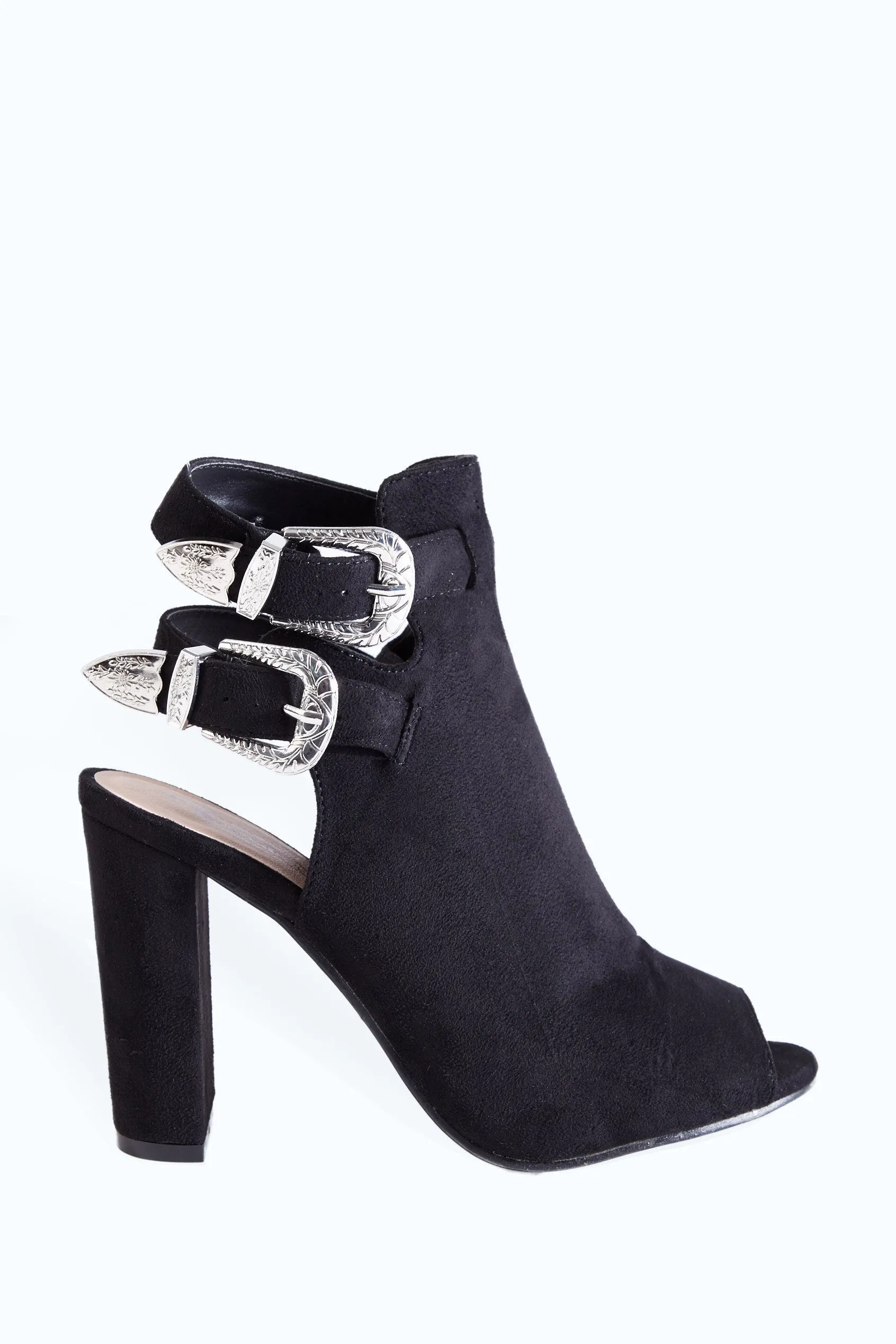 Black Buckle Open Toe Heeled Boots
