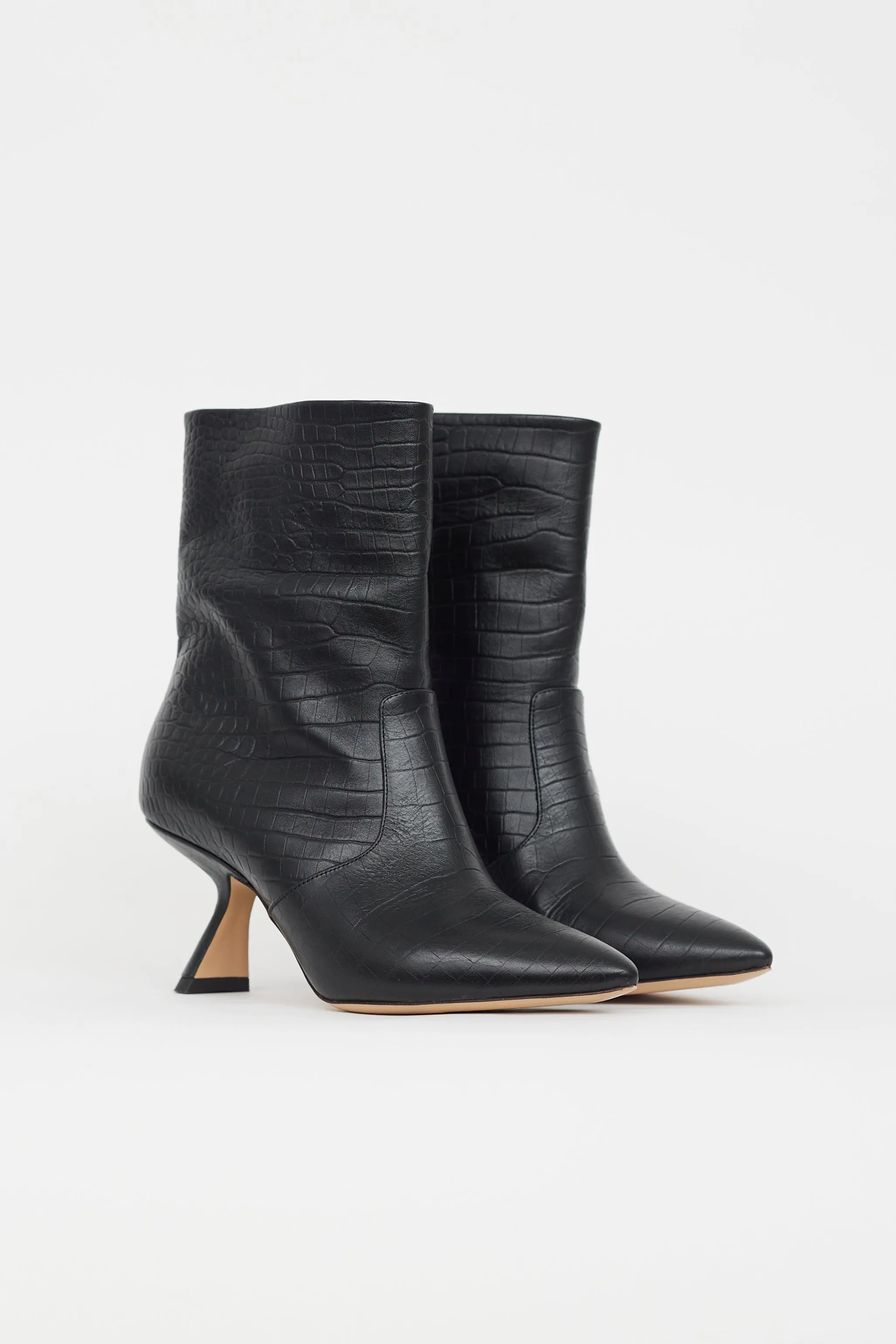Black Embossed Leather Heeled Boot