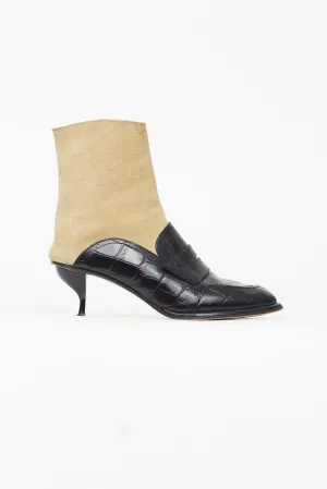 Black Leather & Beige Suede Heeled Boot