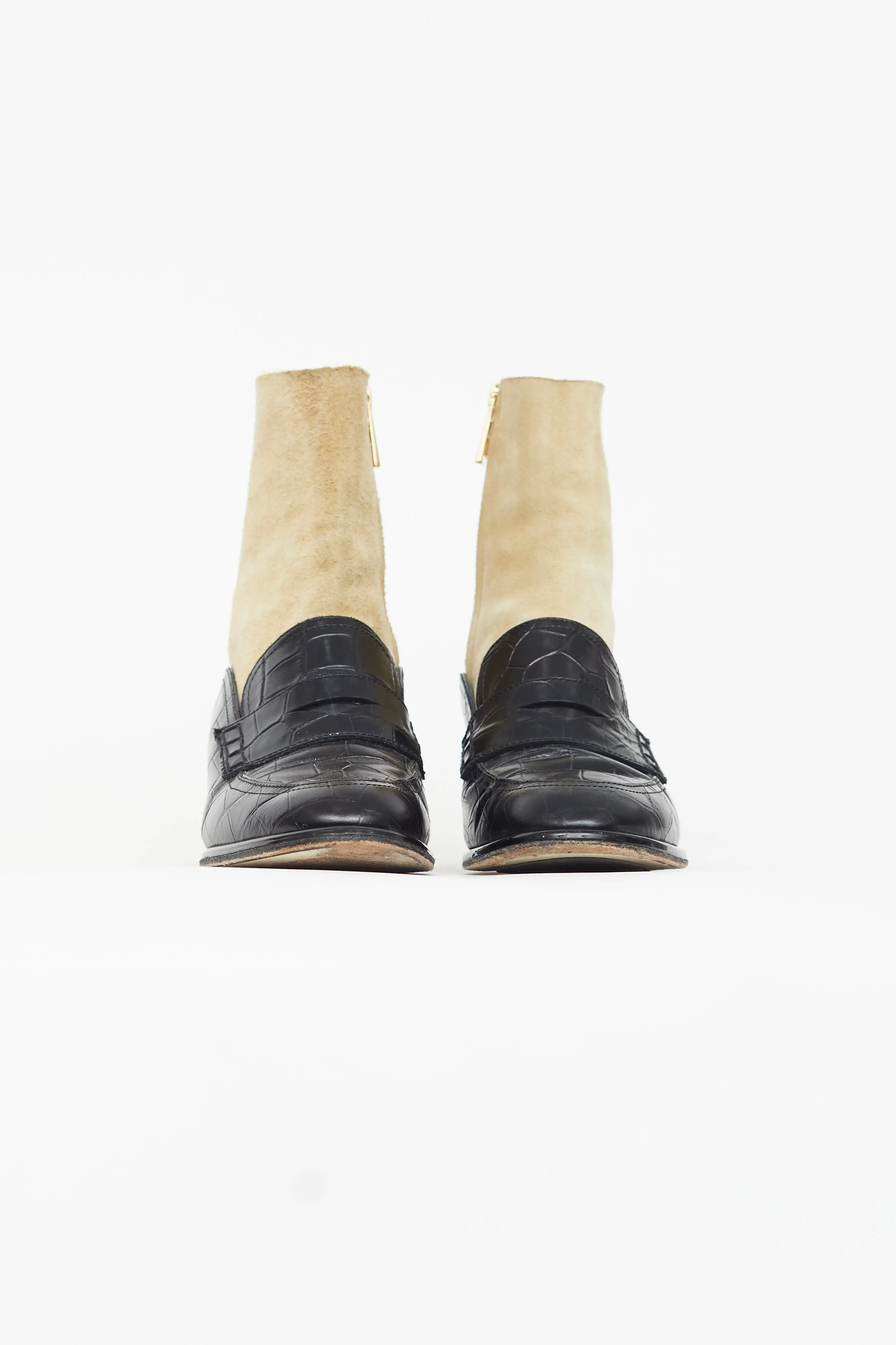Black Leather & Beige Suede Heeled Boot