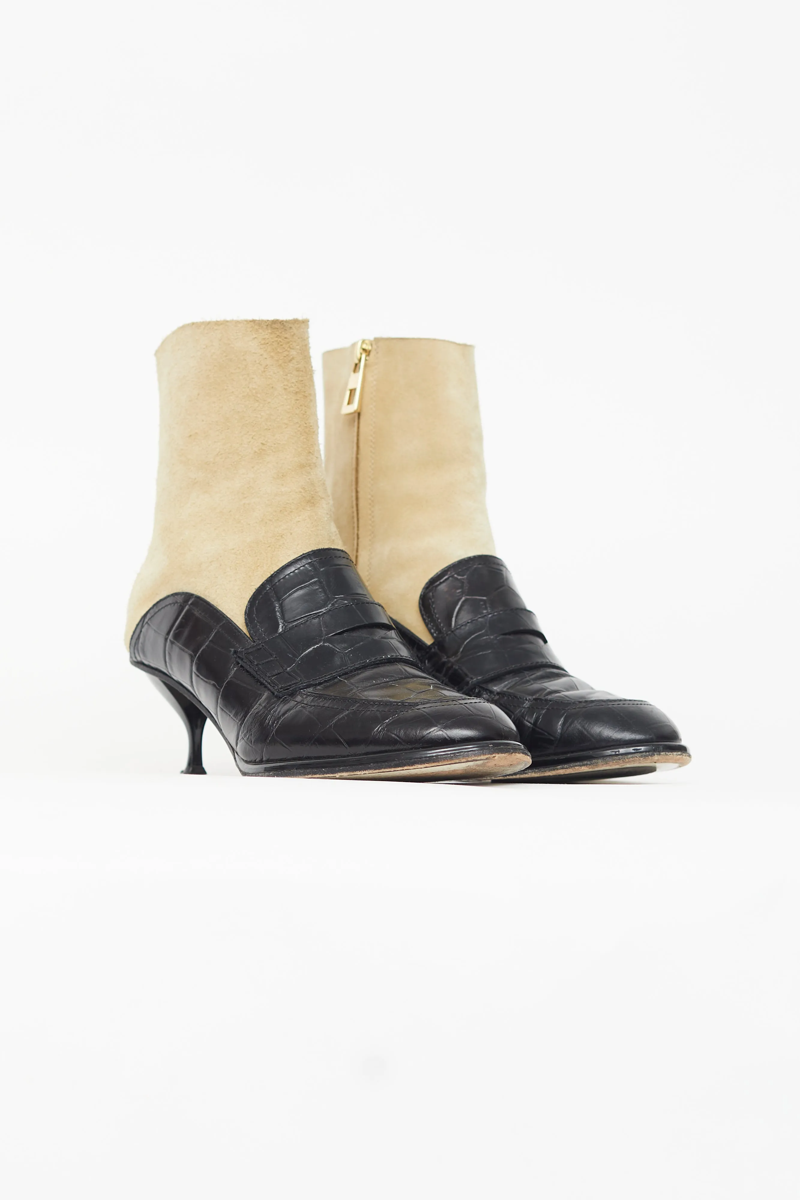 Black Leather & Beige Suede Heeled Boot