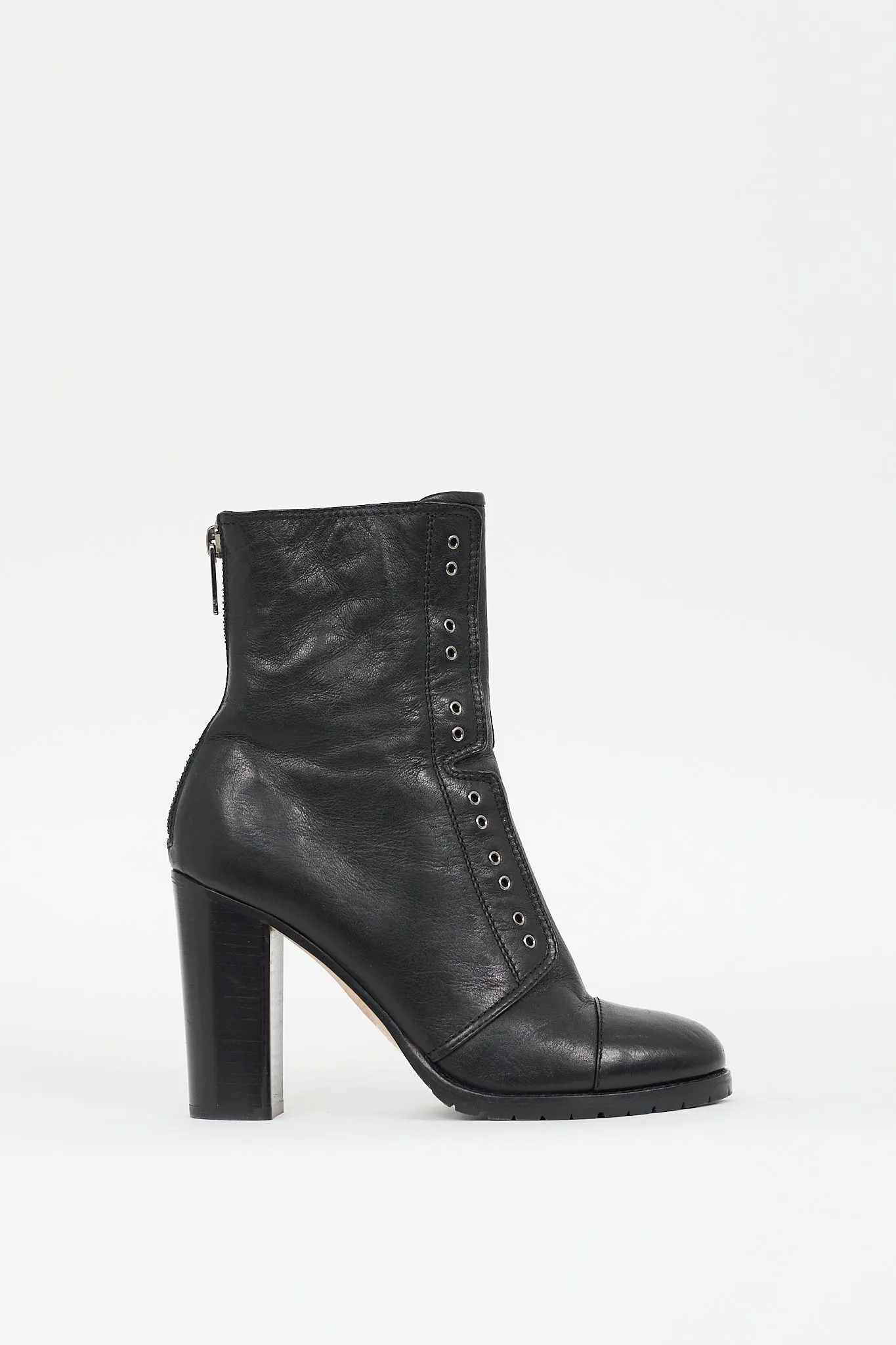 Black Leather Grommet Heeled Boot