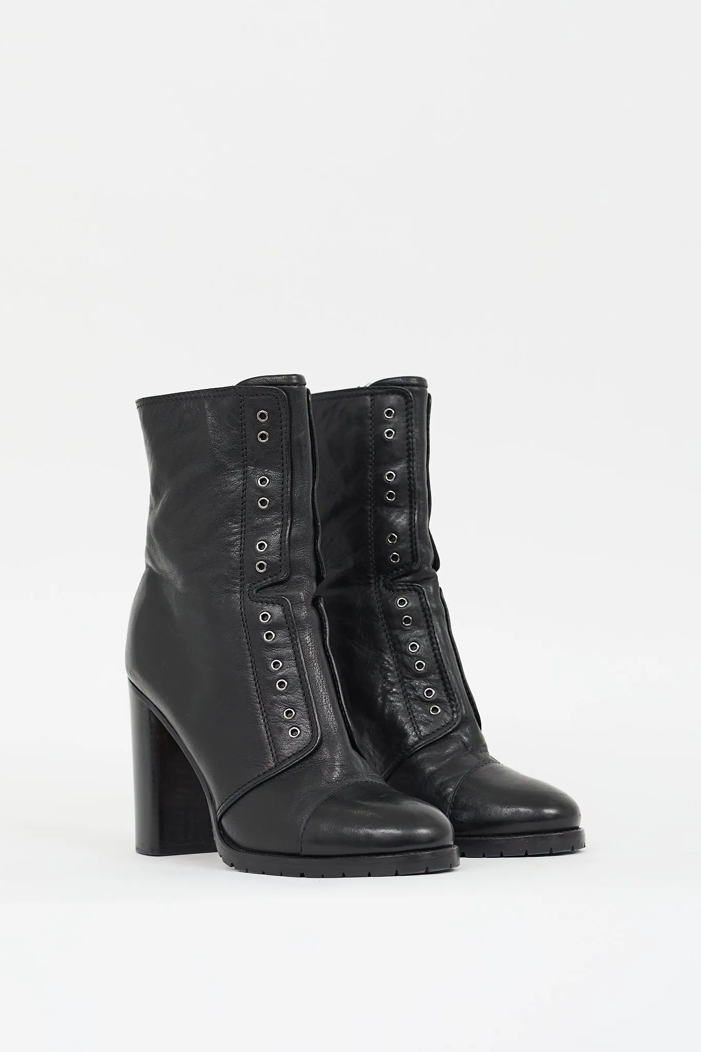 Black Leather Grommet Heeled Boot