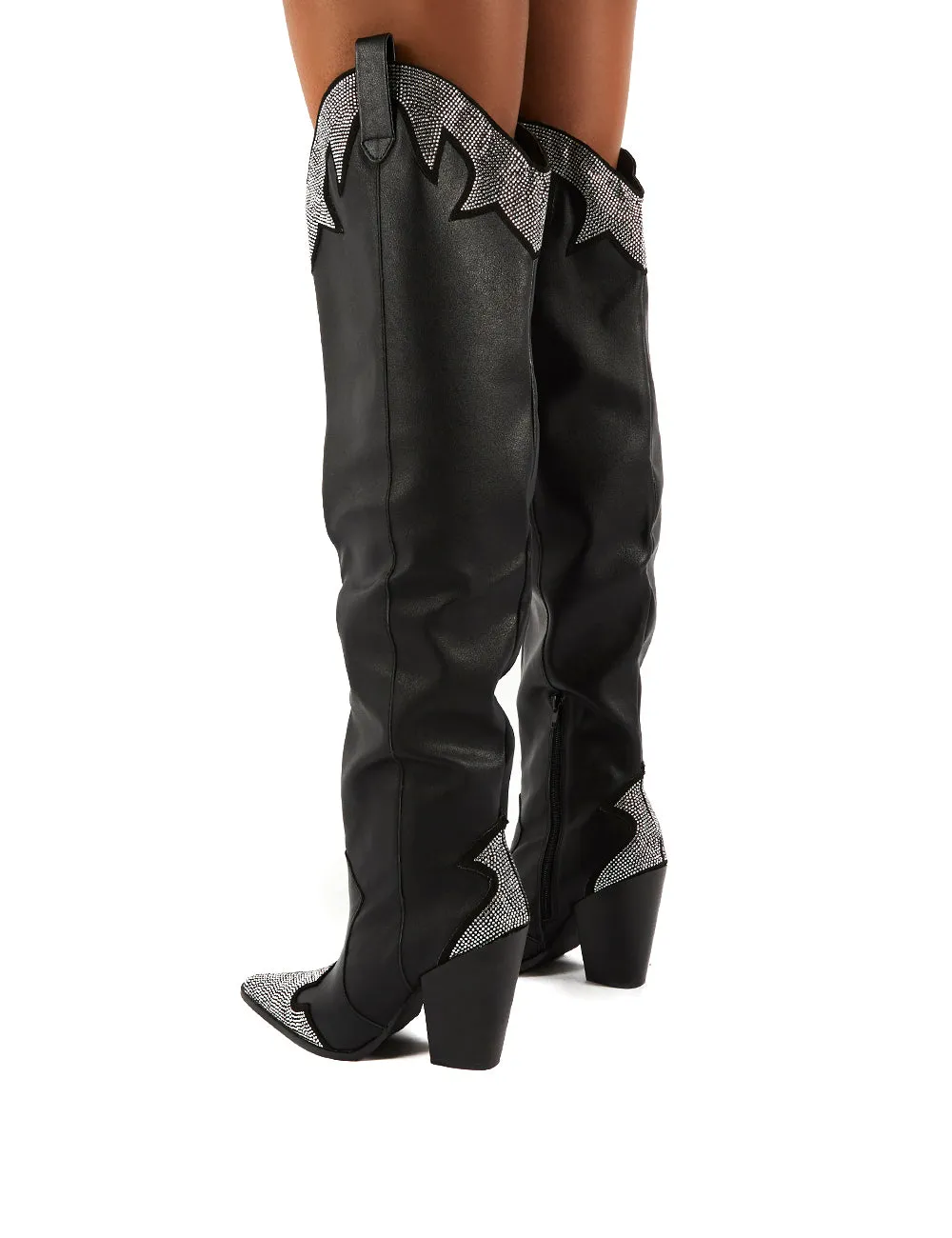 Brandy Black Diamante Western Block Heeled Knee High Boots