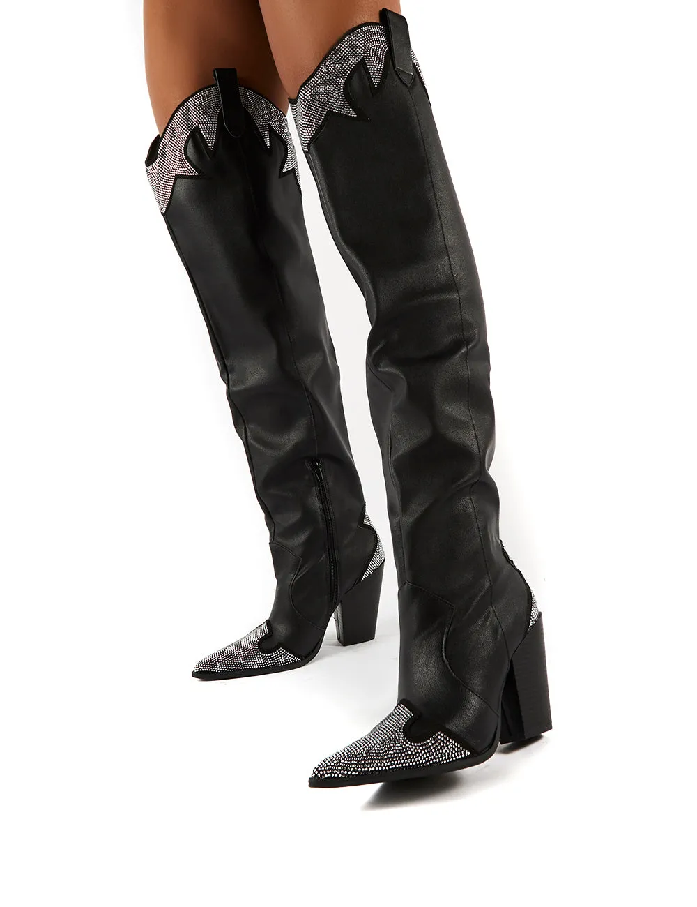 Brandy Black Diamante Western Block Heeled Knee High Boots