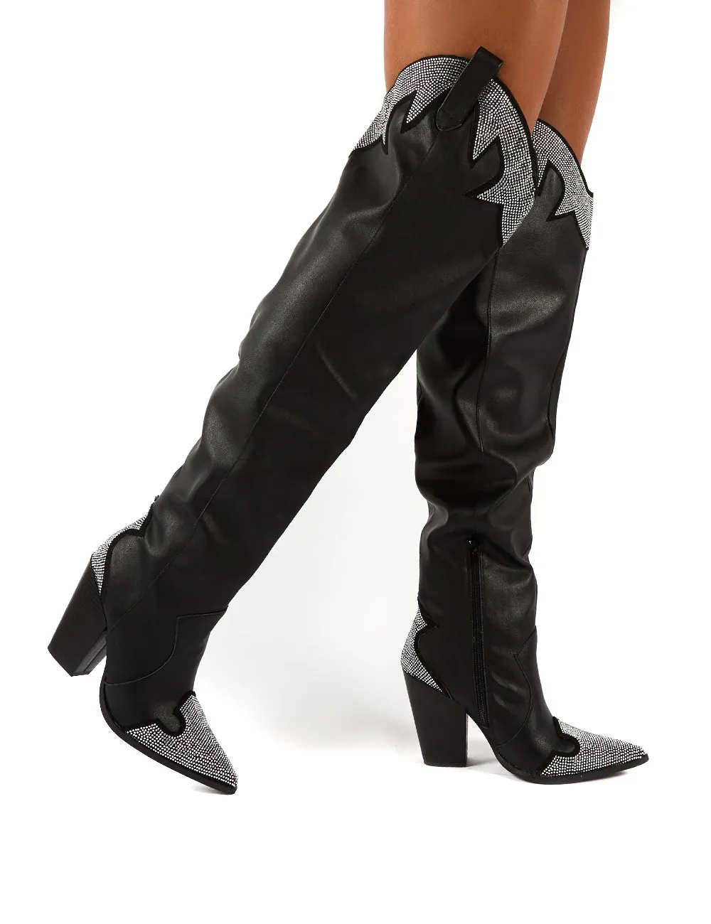 Brandy Black Diamante Western Block Heeled Knee High Boots