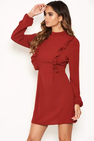 Brick High Neck Ruffle Dress