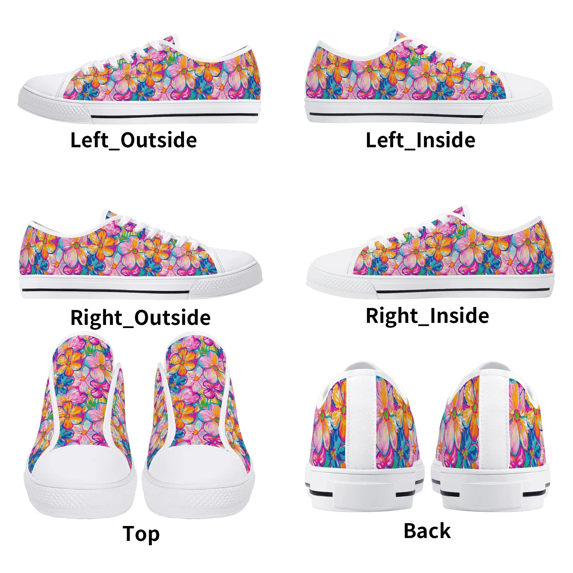 Chromatic Blossoms: Large Watercolor Flowers in Mixed Pinks, Blues, and Oranges Womens Low Top Canvas Sneakers US5.5 - US12