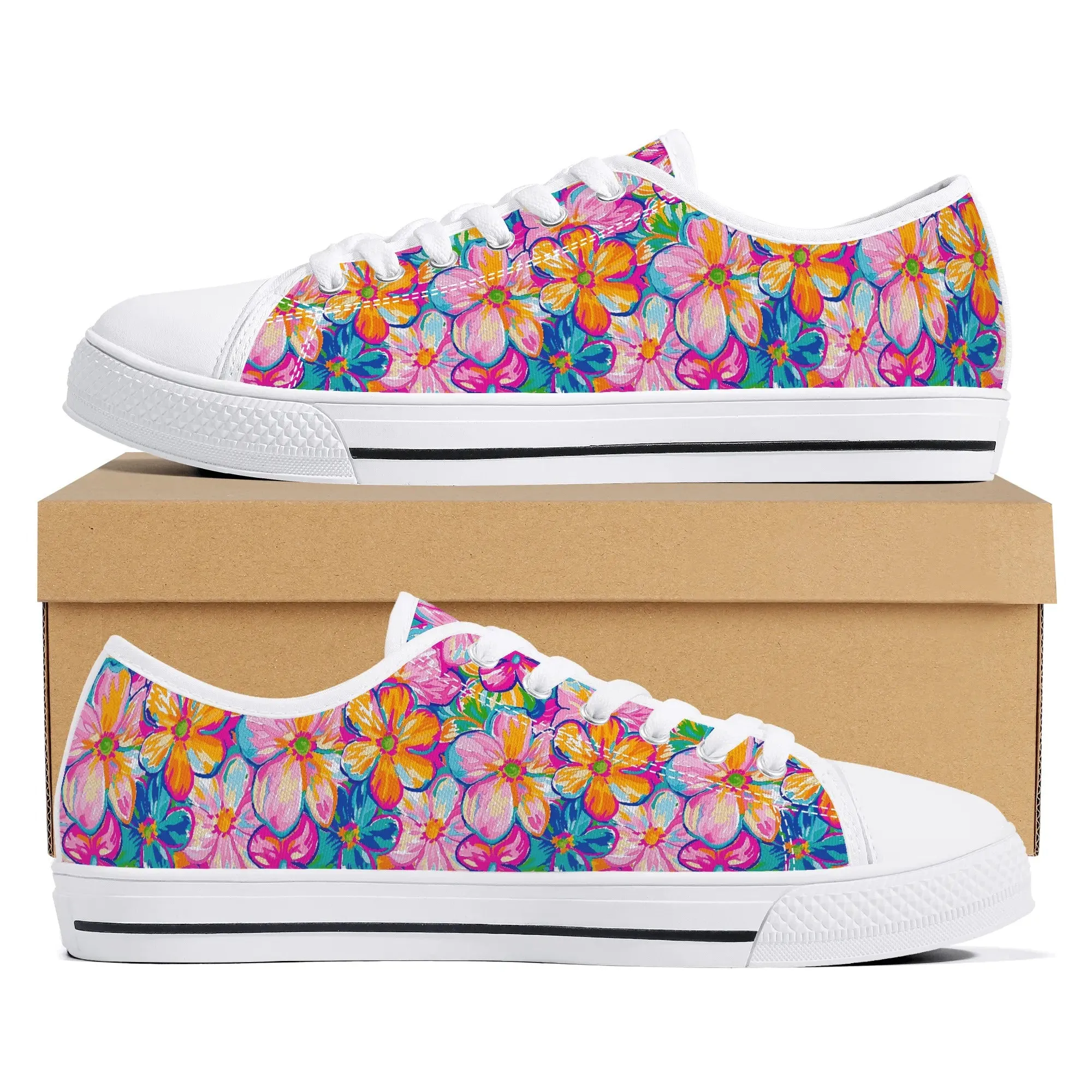Chromatic Blossoms: Large Watercolor Flowers in Mixed Pinks, Blues, and Oranges Womens Low Top Canvas Sneakers US5.5 - US12