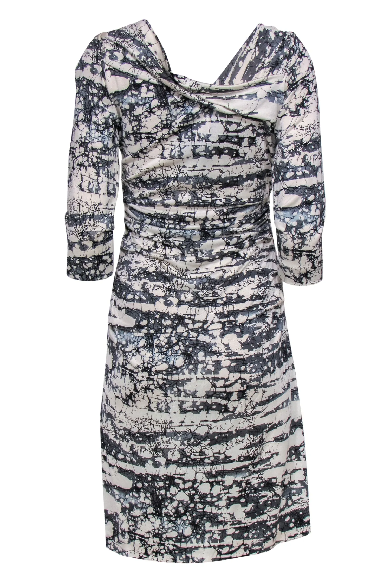 Diane von Furstenberg - White & Gray Marbled Printed Ruched Dress Sz 10