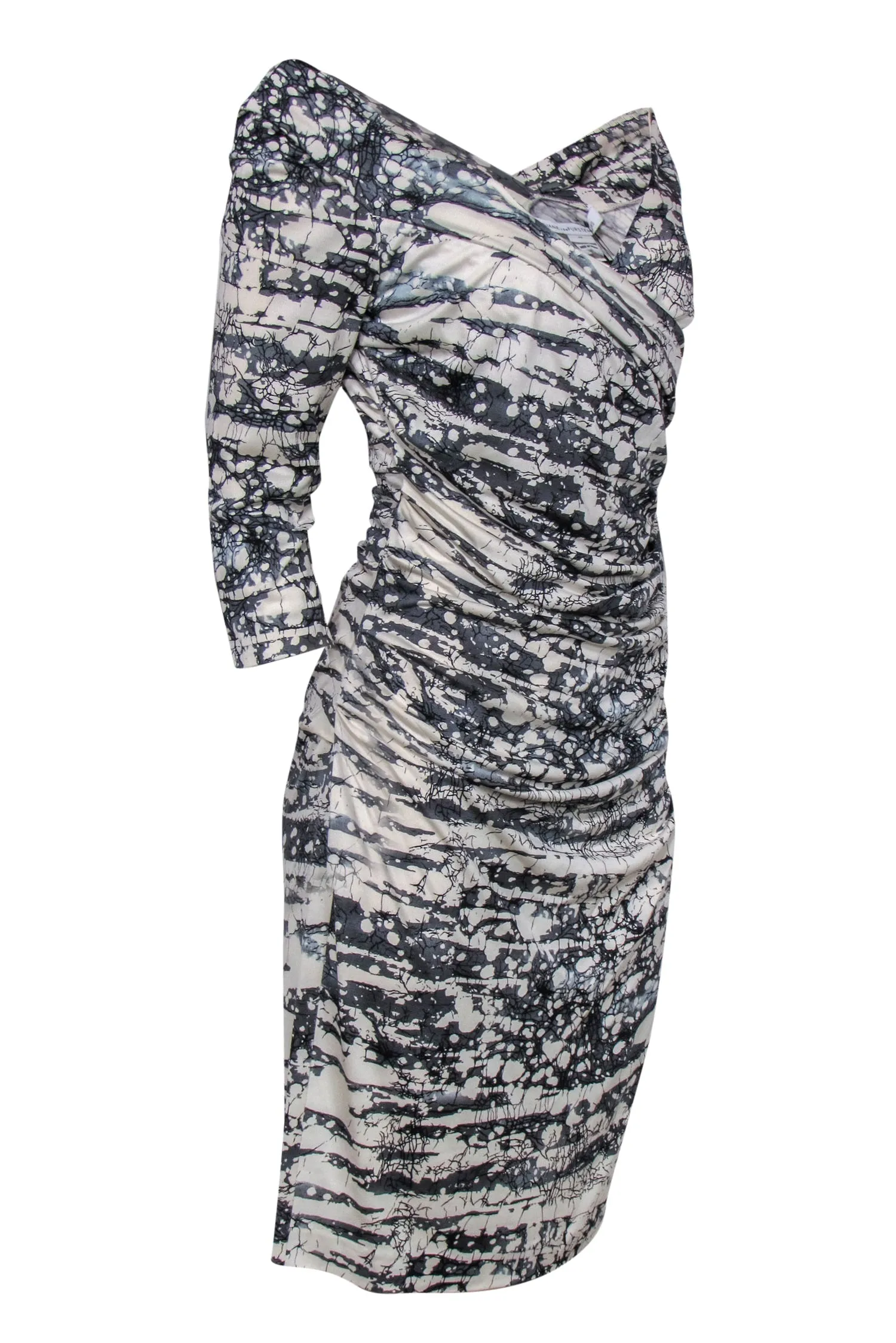 Diane von Furstenberg - White & Gray Marbled Printed Ruched Dress Sz 10