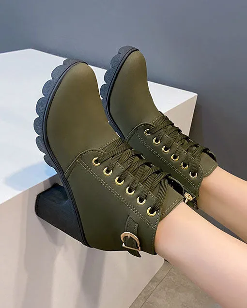 elveswallet Lace Up Buckle Strap Chunky Heeled Ankle Boots
