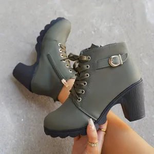 elveswallet Lace Up Buckle Strap Chunky Heeled Ankle Boots