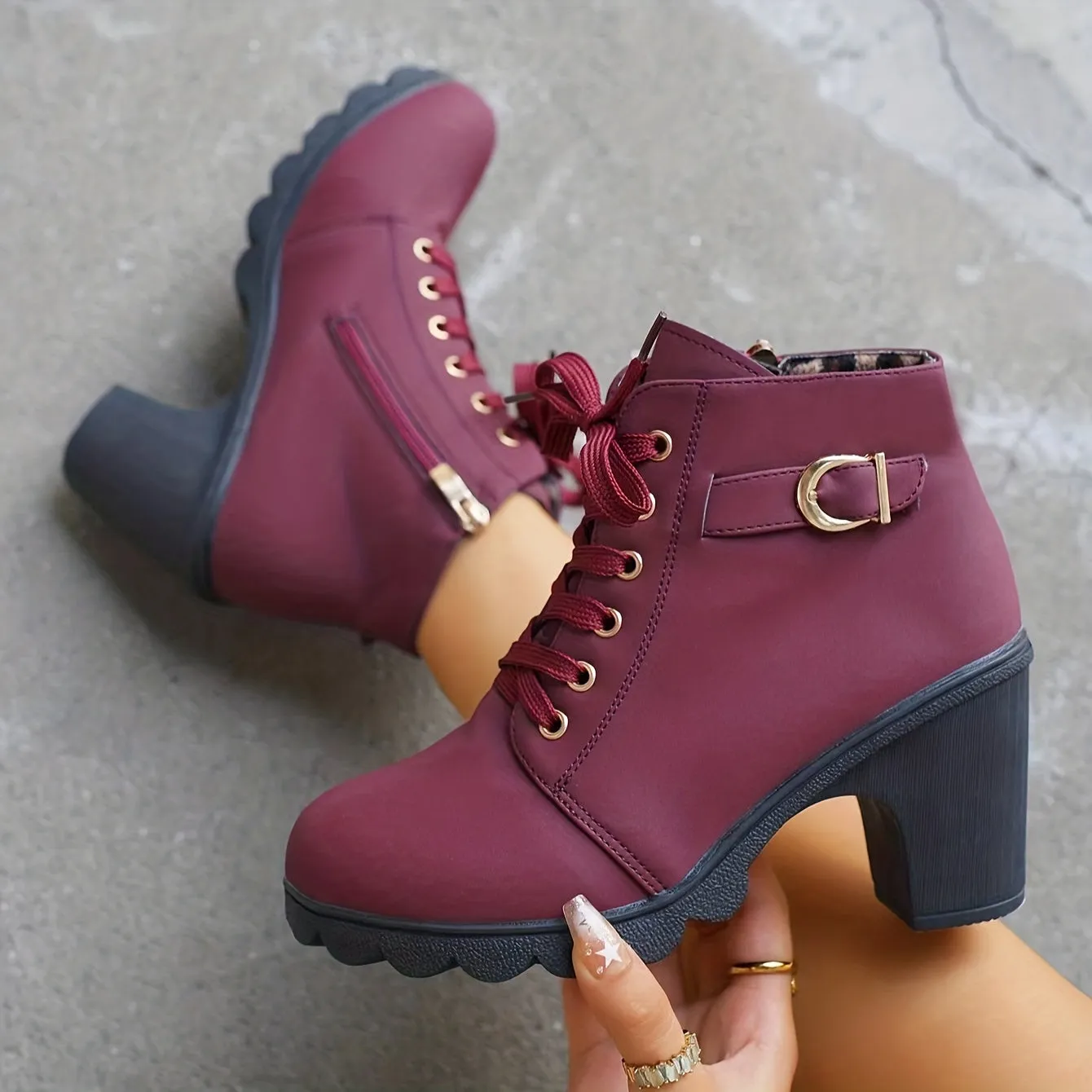 elveswallet Lace Up Buckle Strap Chunky Heeled Ankle Boots