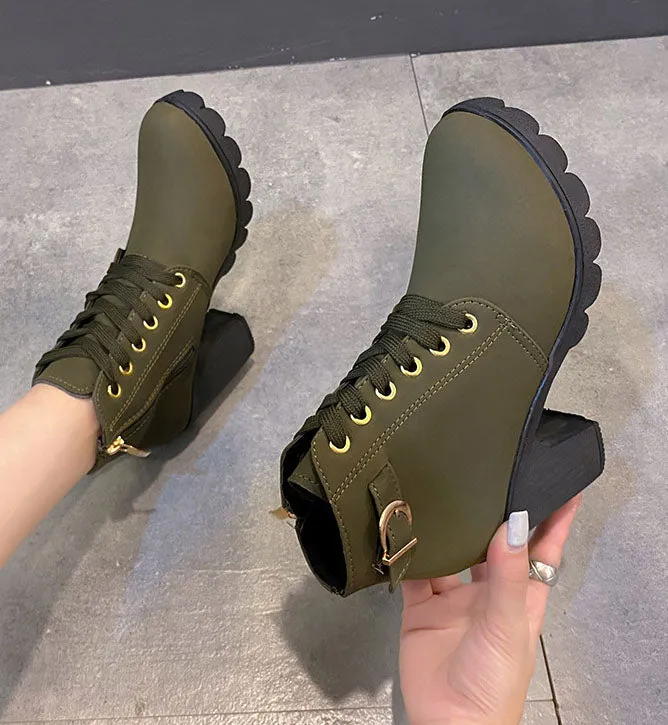 elveswallet Lace Up Buckle Strap Chunky Heeled Ankle Boots