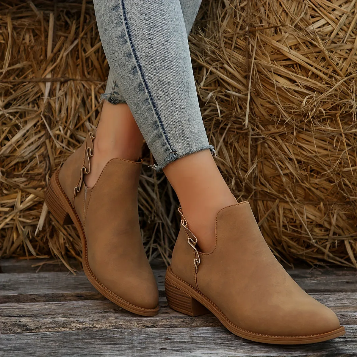 elveswallet Ruffled Detail V-cut Chunky Low Heeled Slip On Ankle Botties
