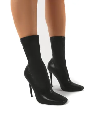 Everything Black PU Square Toe Sock Fit Stiletto Heeled Ankle Boot