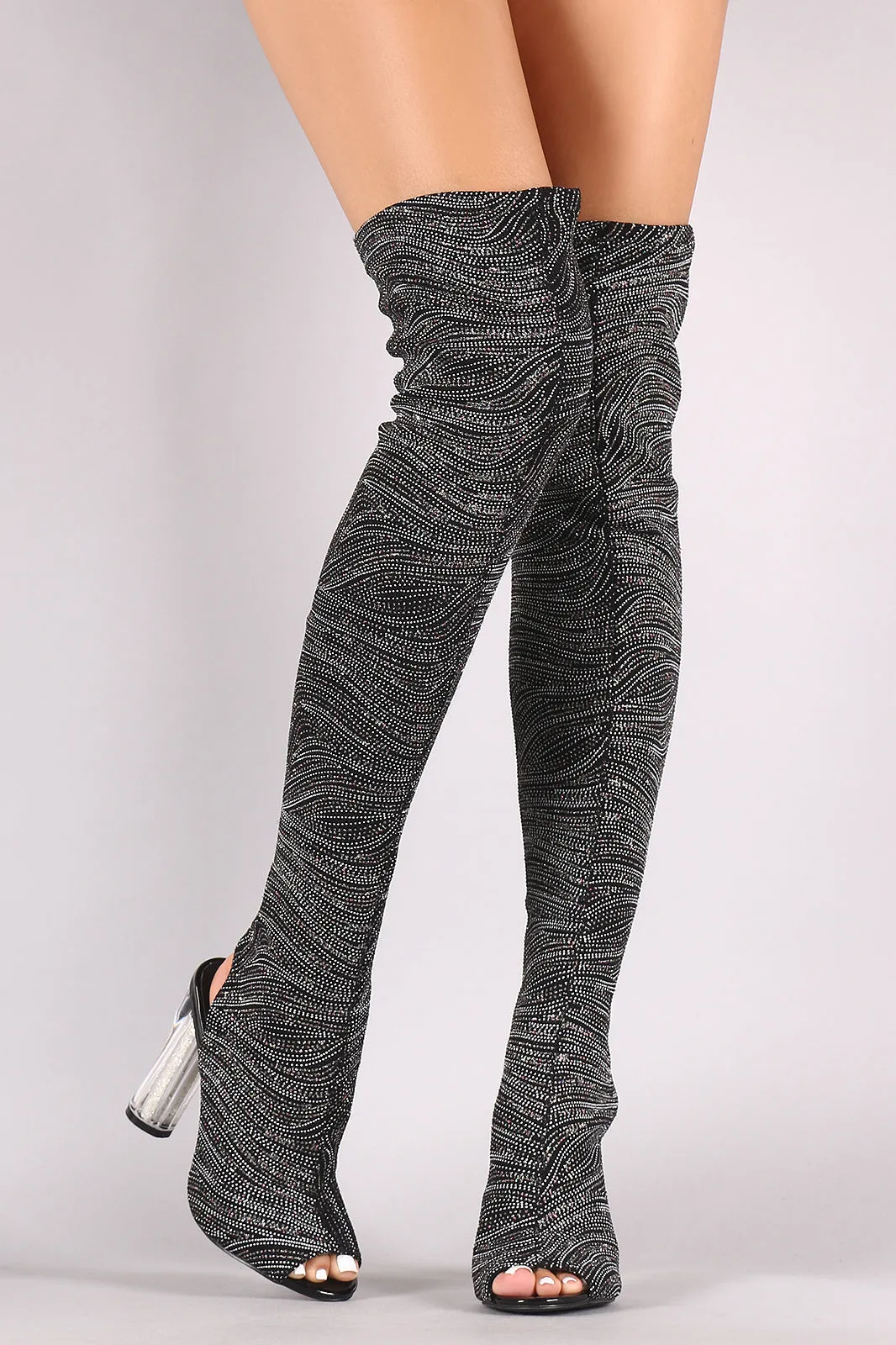 Glitter Patterned Clear Heeled Over-The-Knee Boots