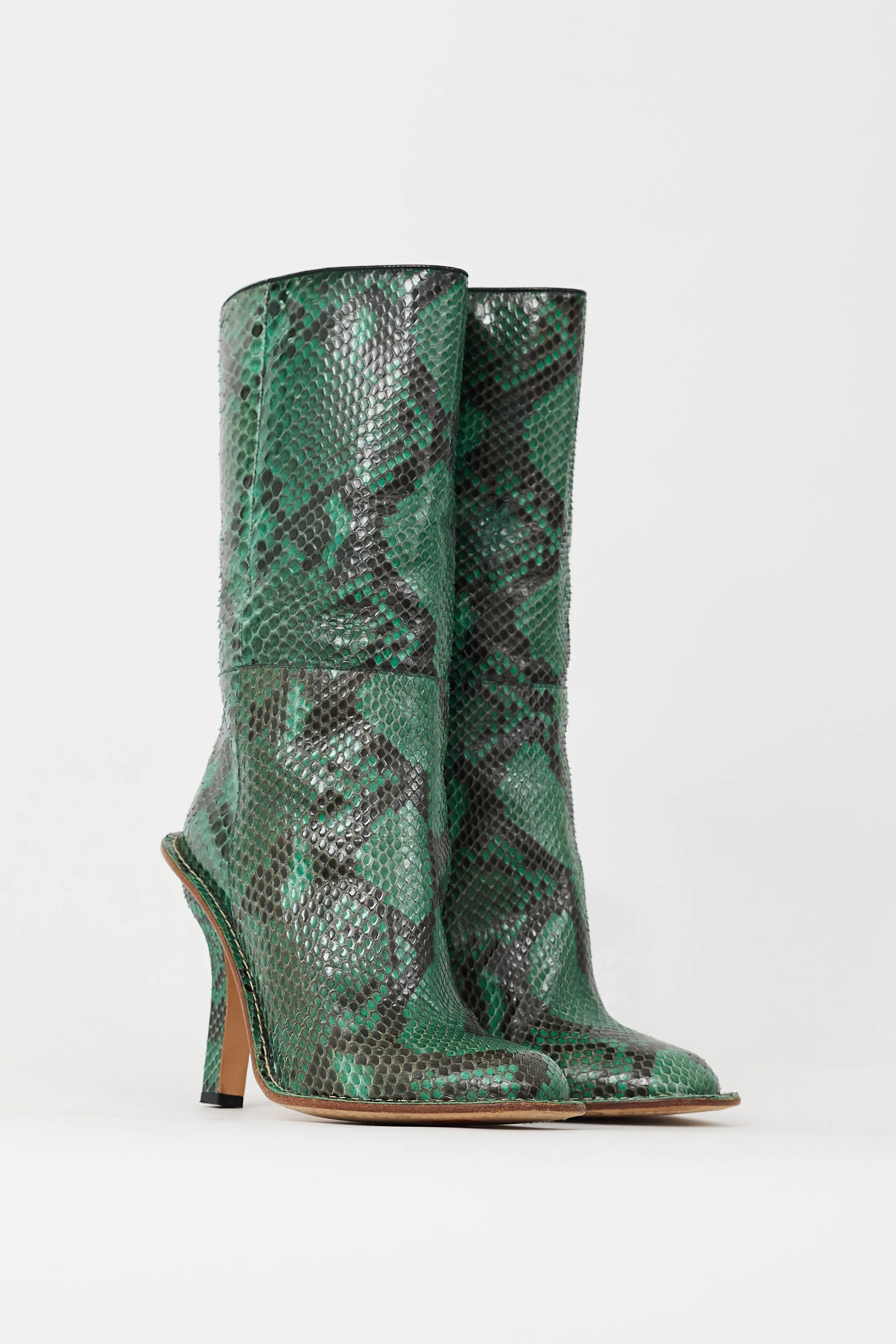 Green & Black Embossed Leather Heeled Boot