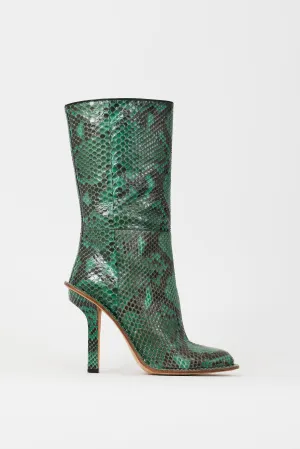 Green & Black Embossed Leather Heeled Boot