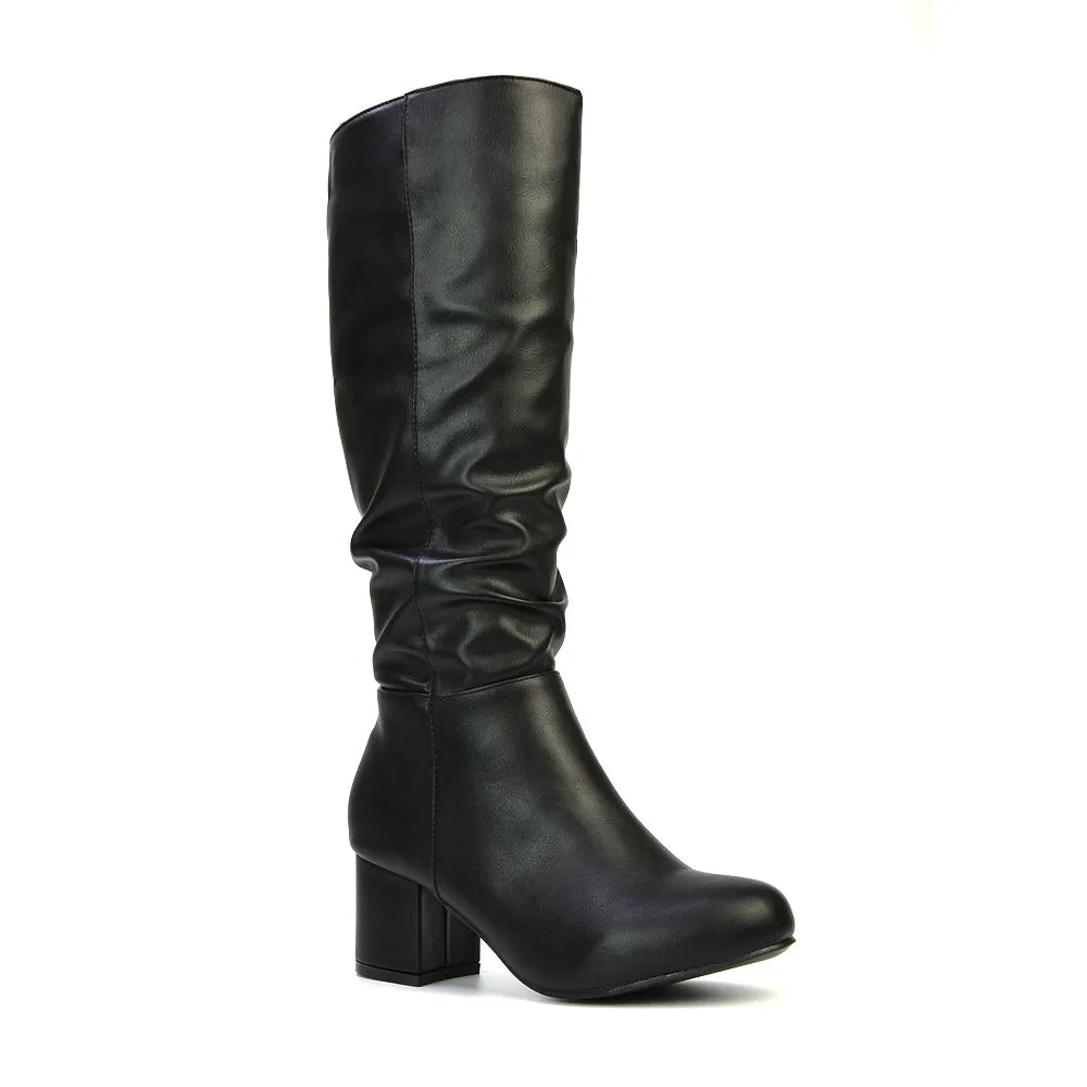 Jackie Ruched Mid Block High Heel Mid Calf High Boots in Black Synthetic Leather