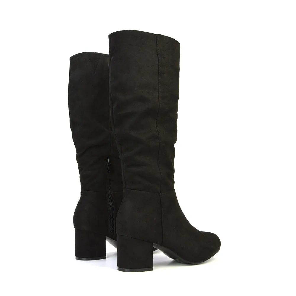 Jackie Ruched Mid Block High Heel Mid Calf High Boots in Black Synthetic Leather