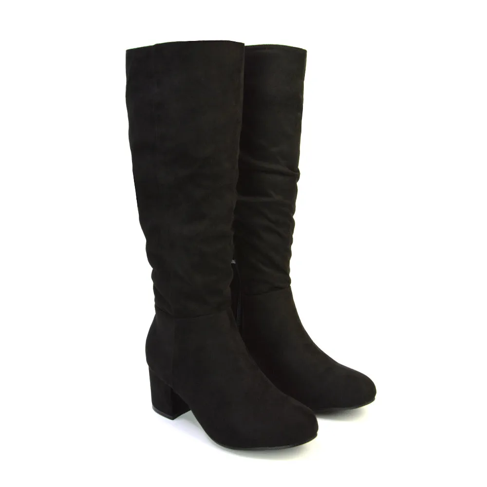 Jackie Ruched Mid Block High Heel Mid Calf High Boots in Black Synthetic Leather