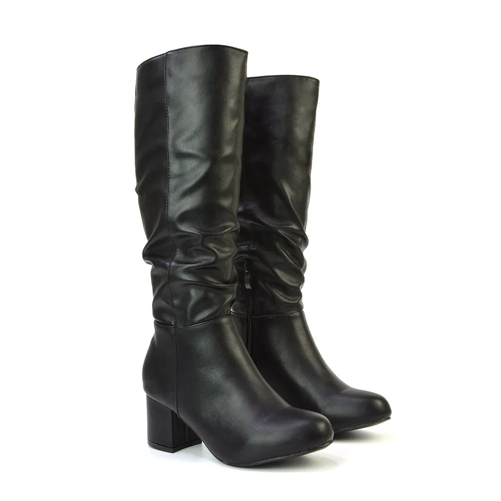 Jackie Ruched Mid Block High Heel Mid Calf High Boots in Black Synthetic Leather