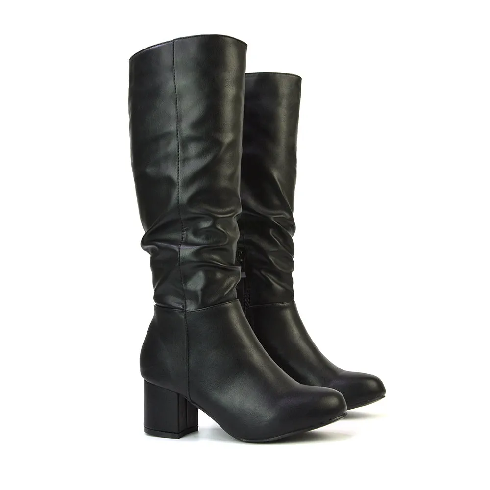 Jackie Ruched Mid Block High Heel Mid Calf High Boots in Black Synthetic Leather