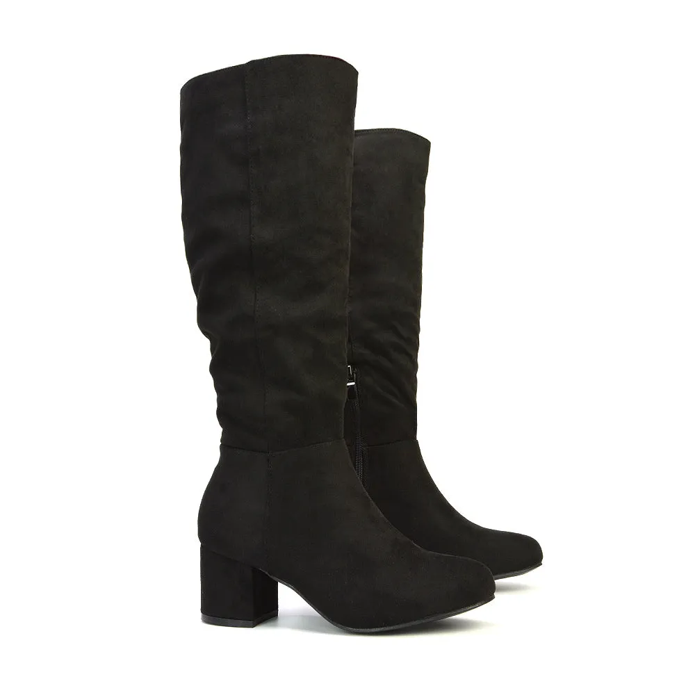 Jackie Ruched Mid Block High Heel Mid Calf High Boots in Black Synthetic Leather