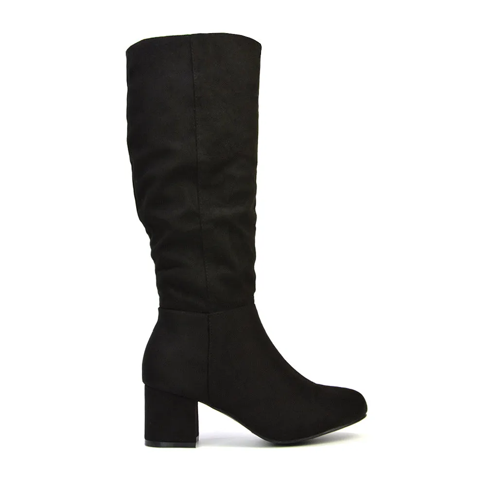 Jackie Ruched Mid Block High Heel Mid Calf High Boots in Black Synthetic Leather