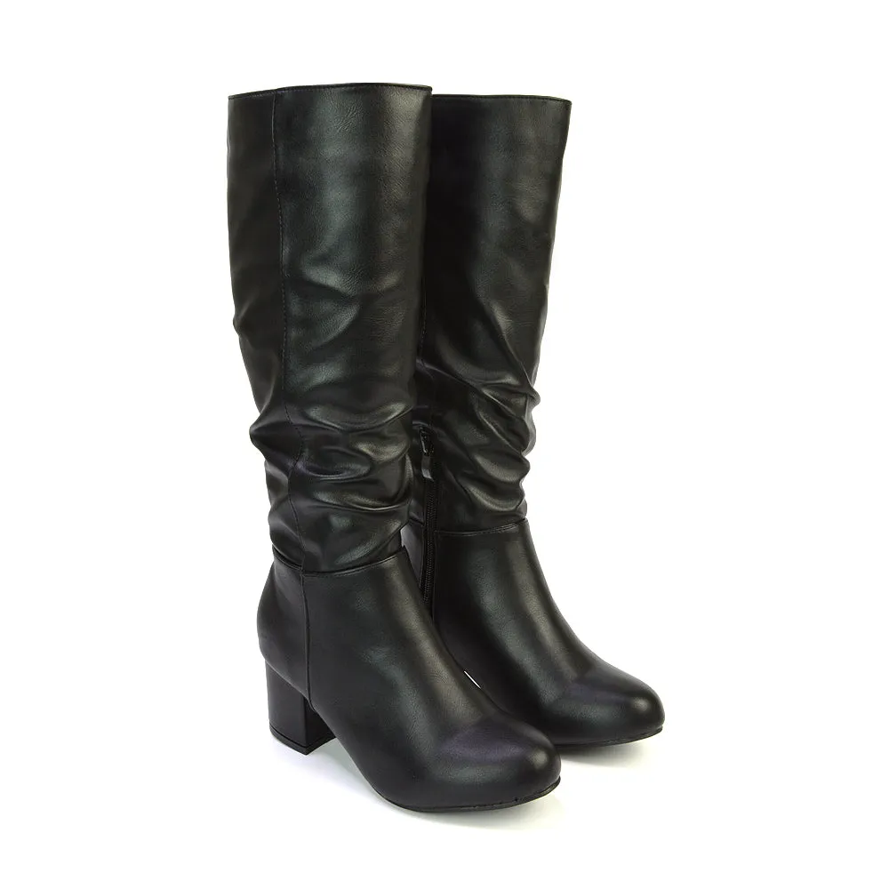 Jackie Ruched Mid Block High Heel Mid Calf High Boots in Black Synthetic Leather