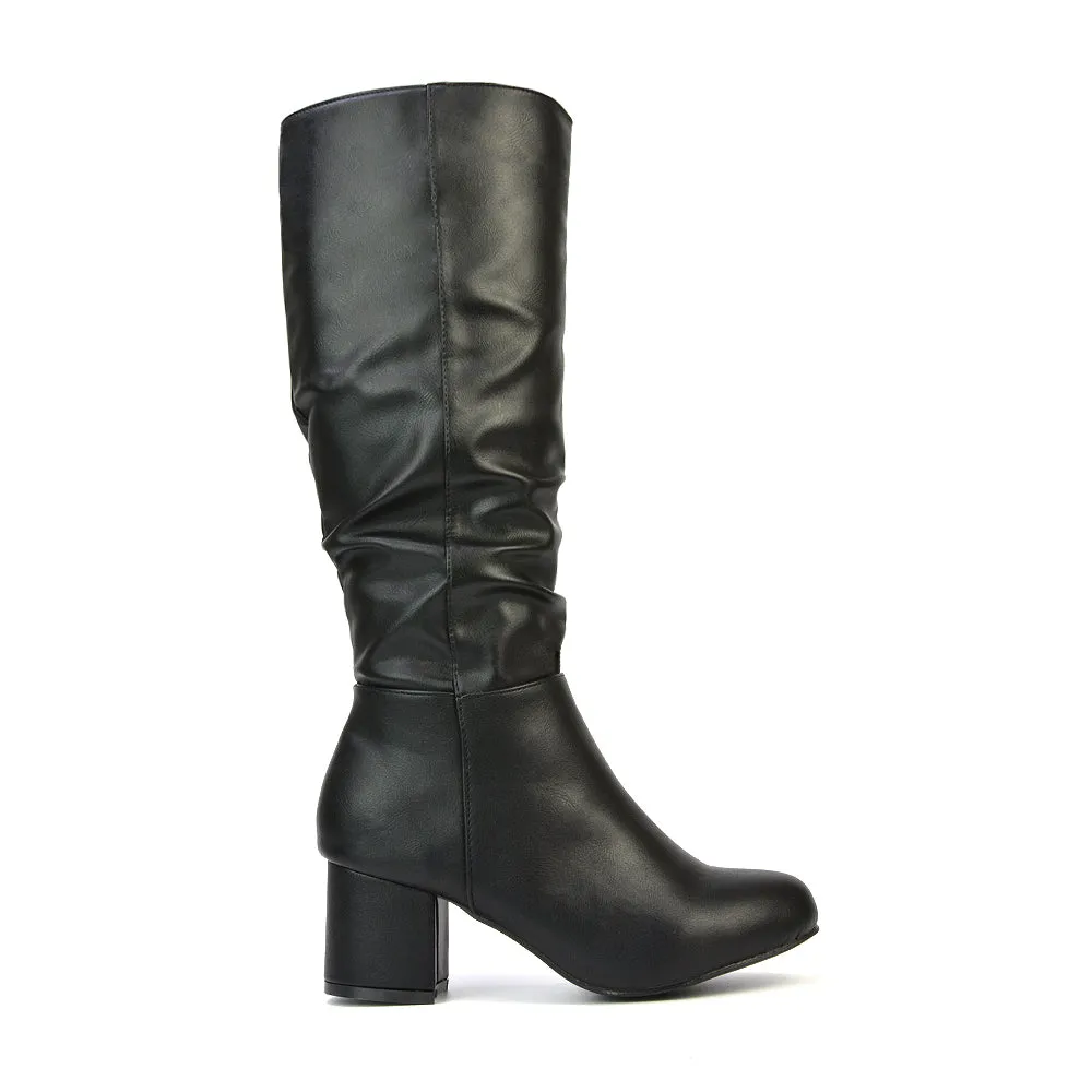 Jackie Ruched Mid Block High Heel Mid Calf High Boots in Black Synthetic Leather