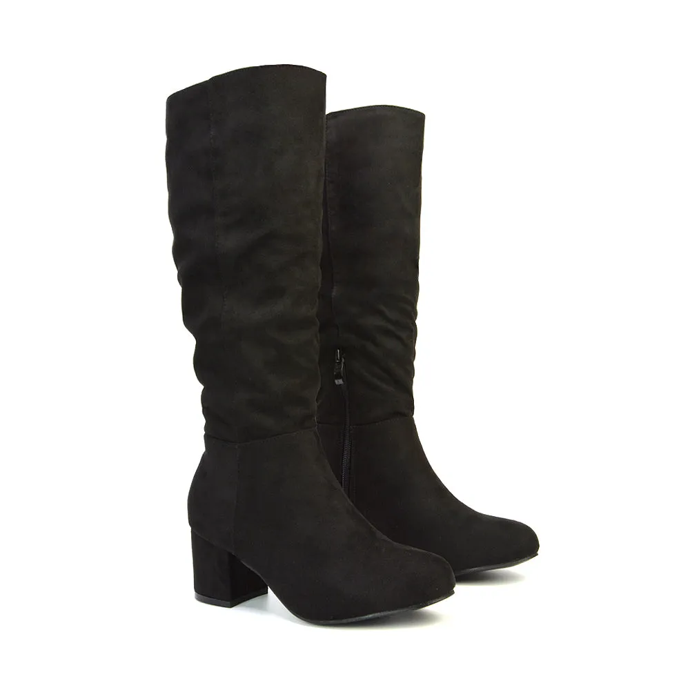 Jackie Ruched Mid Block High Heel Mid Calf High Boots in Black Synthetic Leather