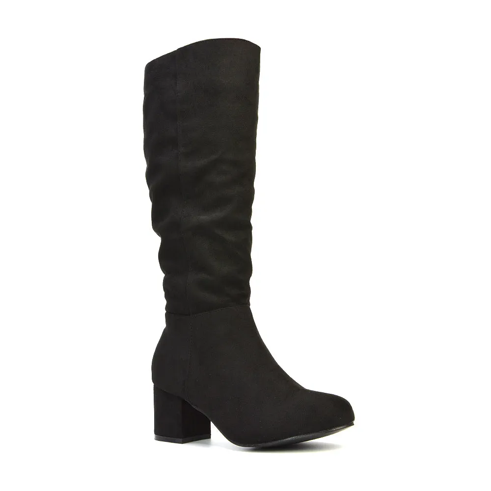 Jackie Ruched Mid Block High Heel Mid Calf High Boots in Black Synthetic Leather